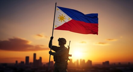 Silhouette of a soldier holding the Philippine flag against a golden sunset and city skyline. Evokes themes of patriotism and national pride.