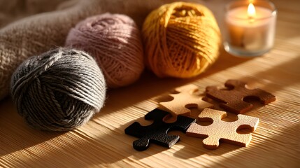 Colorful yarn balls and puzzle pieces on a wooden surface.