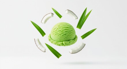 Buko pandan ice cream hovers above a clean white backdrop, surrounded by slices of coconut and fresh pandan leaves, showcasing the vibrant green color and unique texture.