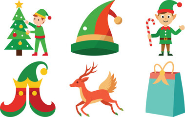 Vector art of a christmas illustration set with elves, a deer, trees, hats, candy canes, and gifts isolated on transparent background