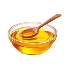 A clear glass bowl filled with golden viscous liquid and a wooden spoon resting inside isolated on transparent background