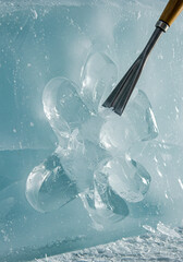 A close-up of a chisel deeply set into a block of clear ice, revealing a partially carved delicate floral design