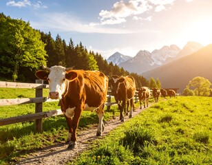 Cows walking on a path in a lush valley with mountains in the background