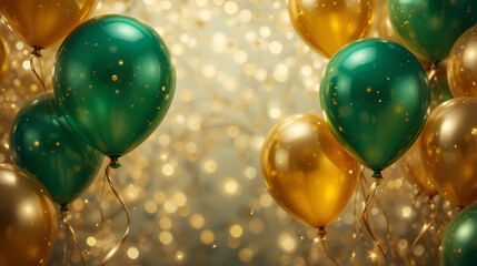 Gold and green balloons with sparkling lights background