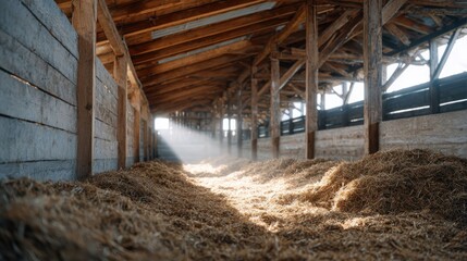 Bright sunlight filters through a rustic barn, illuminating the straw-covered floor and wooden beams of the structure.