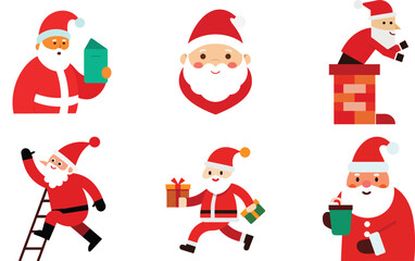 Vector art of a collection of flat design christmas santa claus icons showing him with gifts, in a chimney, on a ladder, and drinking from a mug isolated on transparent background