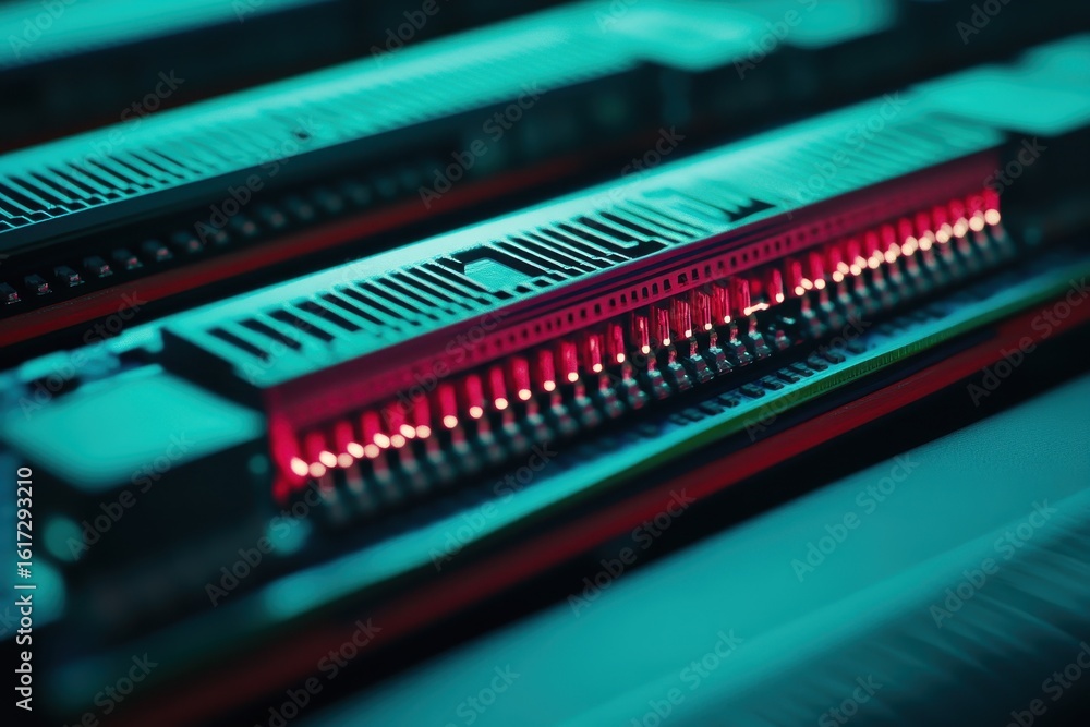 Poster close-up of computer hardware components with illuminated connectors.