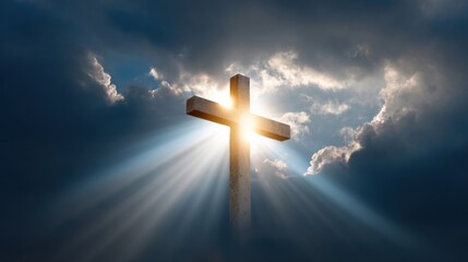 A radiant cross illuminated by sunlight breaking through dark clouds, symbolizing hope and faith.