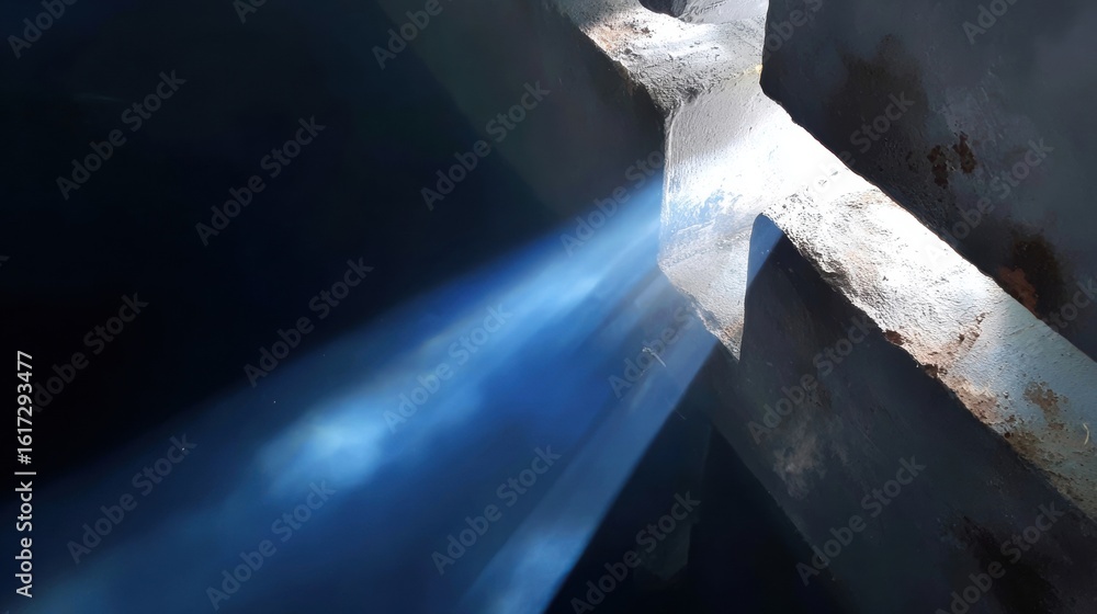 Poster mysterious light beams piercing through a dark, textured space, creating an ethereal atmosphere with