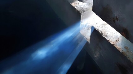 Mysterious light beams piercing through a dark, textured space, creating an ethereal atmosphere with a blend of shadows and reflections.