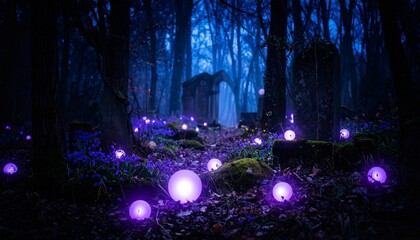 Enchanted Forest Path Lit by Glowing Purple Orbs to Ancient Ruins