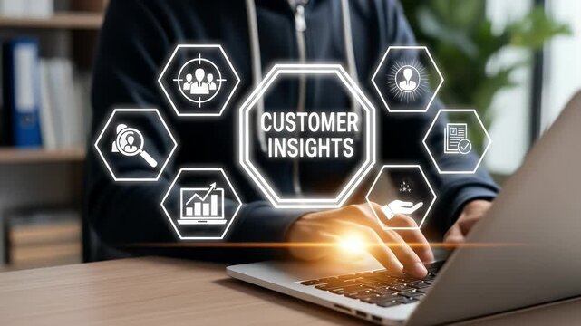 Customer insights and marketing strategy analysis concept. Person using laptop with icons representing customer insights, data research, audience analysis, behavior tracking, and marketing strategies.