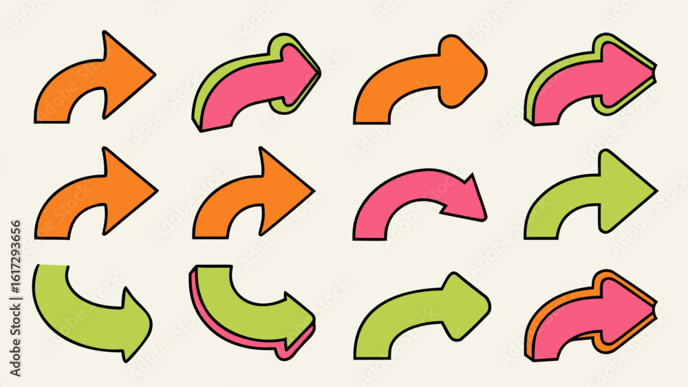 Poster a diverse collection of thick hand drawn flowing curved directional indicators and pointers rendered