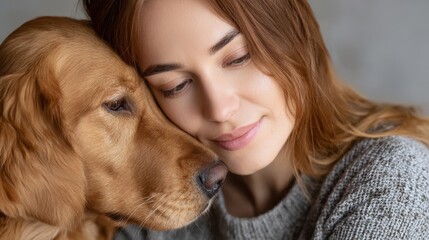 A woman lovingly embraces her golden retriever, showcasing a deep bond and affection between them in a warm, intimate moment.
