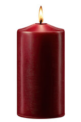 Single, cylindrical, burgundy candle with flame