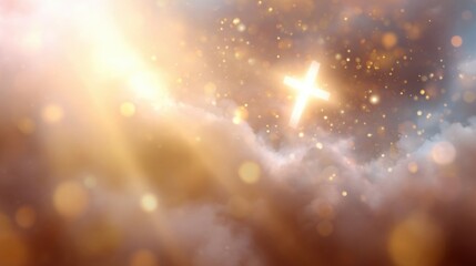 Radiant cross shines through clouds, surrounded by ethereal light and bokeh effects, conveying a sense of spirituality and hope.
