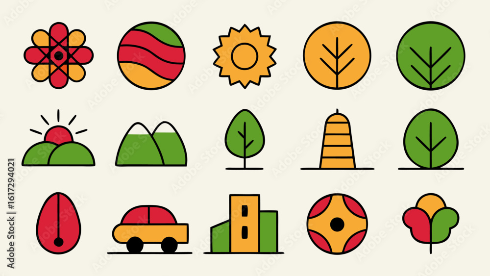 Poster collection of colorful glyph icons representing various categories and themes presented as a cohesiv