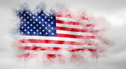 Watercolor-style American flag art with red, white, and blue hues. The design appears faded or impressionistic with soft edges.
