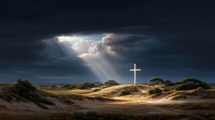 A serene landscape featuring a radiant cross illuminated by divine light amidst dark clouds and rolling hills.