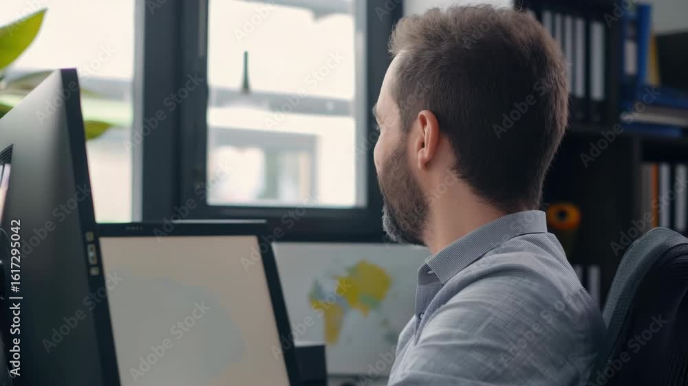 Aufkleber man smiling at camera, working on computer in modern office space.