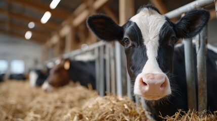 A close-up of a curious black and white cow in a barn, surrounded by straw, showcasing a serene farm atmosphere.