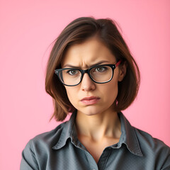 Fototapeta premium Indoor shot of indignant woman frowns face in displeasure, wears spectacles, shirt, models against pink background, doesnt like something dressed in casual shirt. Facial expressions concept.