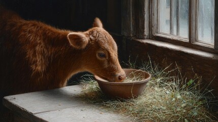 A brown calf eating from a bowl in a rustic setting, illuminated by soft natural light from a nearby window.