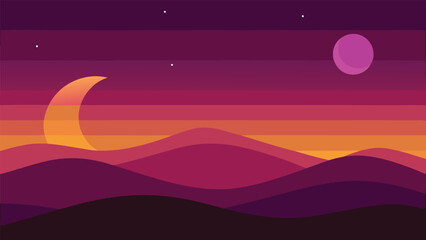 Obraz premium Vibrant alien landscape with two moons and glowing crescent under a starry purple sky