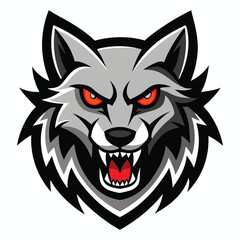 Fierce grey wolf head with glowing red eyes and bared teeth