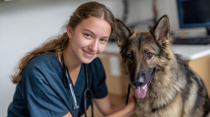 A veterinarian smiles next to a German Shepherd in a clinic, showcasing a bond between animals and their caretakers.