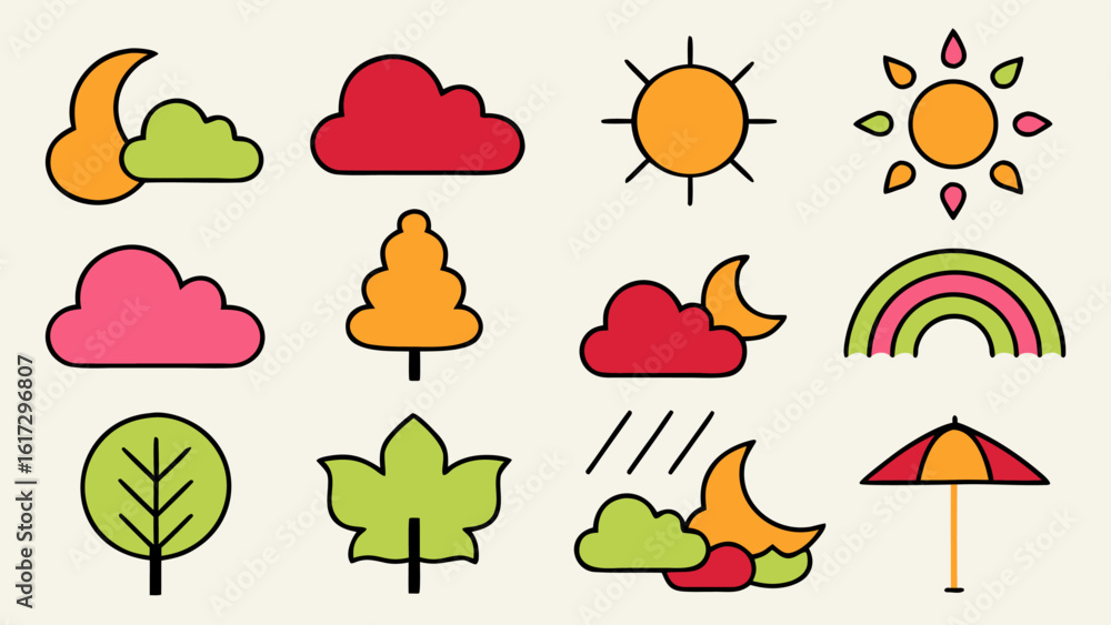 Aufkleber a collection of simple colorful weather icons featuring meteorological elements like clouds sun rain