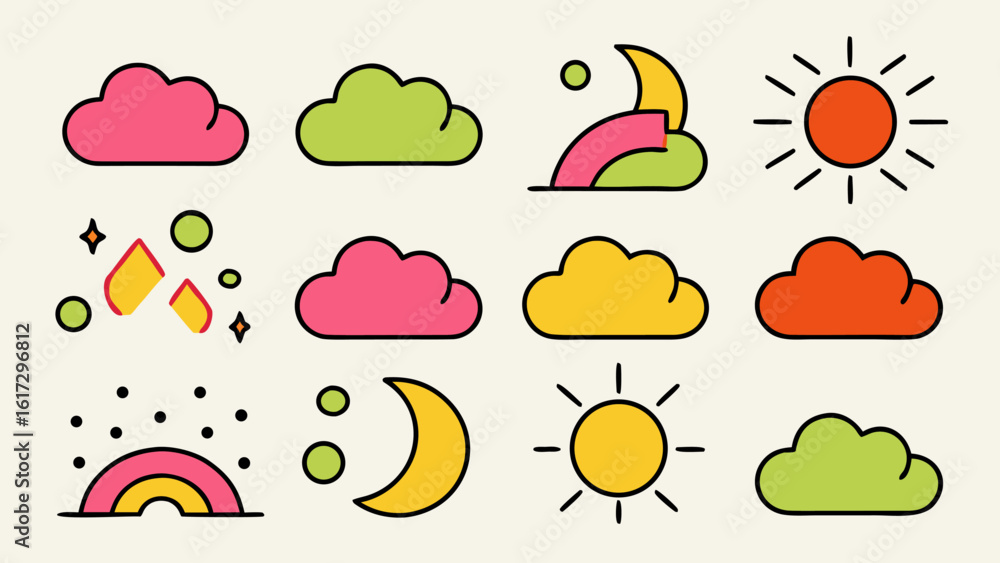 Poster comprehensive collection of simple colorful weather icons featuring a meteor perfect for digital int