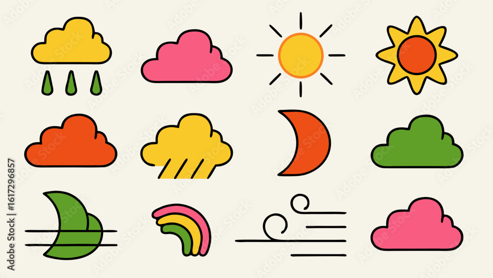 Poster collection of simple colorful weather icons including a meteor symbol presented in a clean and moder