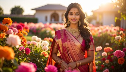 Beautiful Indian girl wearing a traditional sari saree, standing gracefully on flowers plant background - celebrating elegance, heritage, and Eastern cultural beauty	