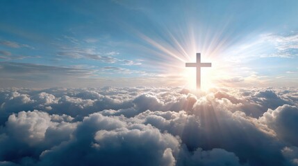 A radiant cross shines above a sea of clouds, illuminated by sunlight breaking through the sky, symbolizing hope and spirituality.