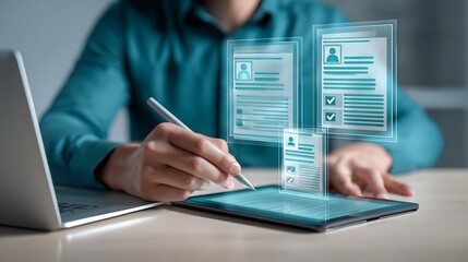 Person using stylus on tablet with holographic digital interface