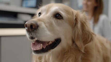 Golden retriever in a veterinary clinic, looking happy and healthy, with a blurred caregiver in the background.