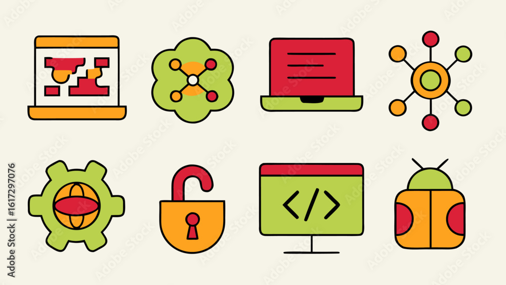 Poster comprehensive collection of web development symbols featuring code application programming interface