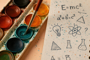 Watercolor paint set with paintbrush and handwritten science and math doodles on paper for creative learning