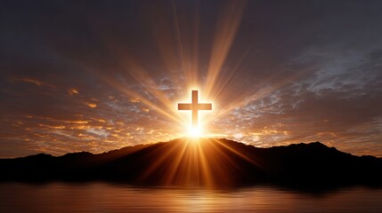 A radiant sunset behind a cross on a mountain, symbolizing hope and faith, with vibrant rays piercing the sky.