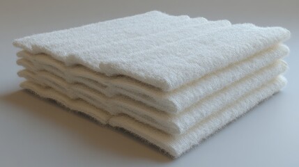 A stack of folded, soft, white cloths or towels arranged neatly on a plain surface.