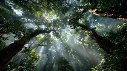 Dense forest canopy glowing with scattered sunbeams