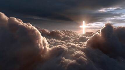 A radiant cross shines through dark clouds, creating a serene and mystical atmosphere in the sky.