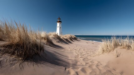 Lighthouse on a sandy beach, with dunes and grasses.