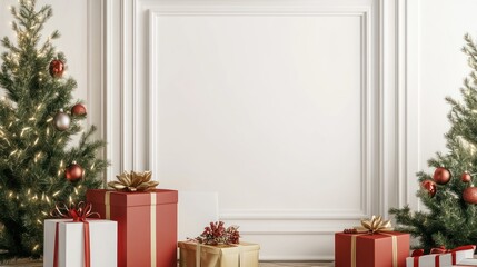 Festive Christmas scene with two decorated trees, presents, and a large blank canvas.