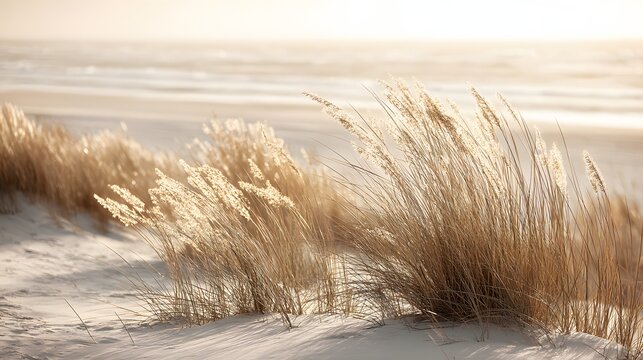 Golden grasses sway on a sandy beach. - Powered by Adobe