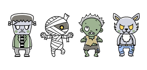 Halloween characters, monsters hand drawn illustrations