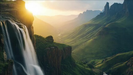 Nature landscape with waterfall, sunrise or sunset, grassy field, greenery, mountainous terrain, valley, tranquil ambiance.