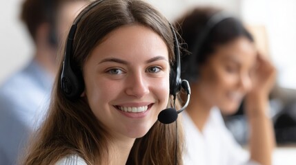 A smiling woman with a headset, working in a call center, exudes professionalism and approachability in a collaborative environment.
