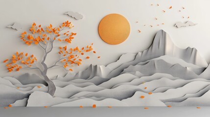 Artistic 3D rendering of a landscape featuring a tree, mountains, and sun.